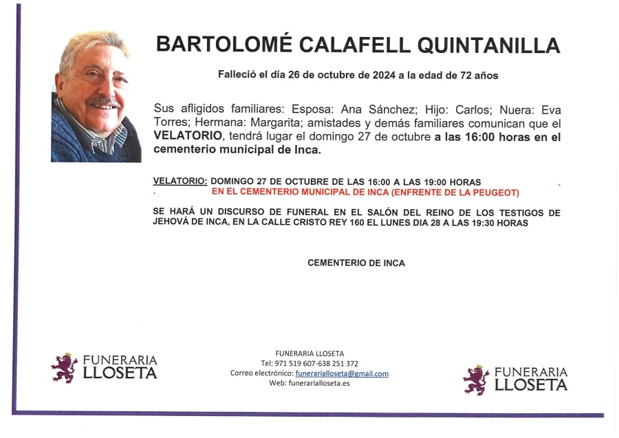 Esquela de BARTOLOME CALAFELL QUITANILLA